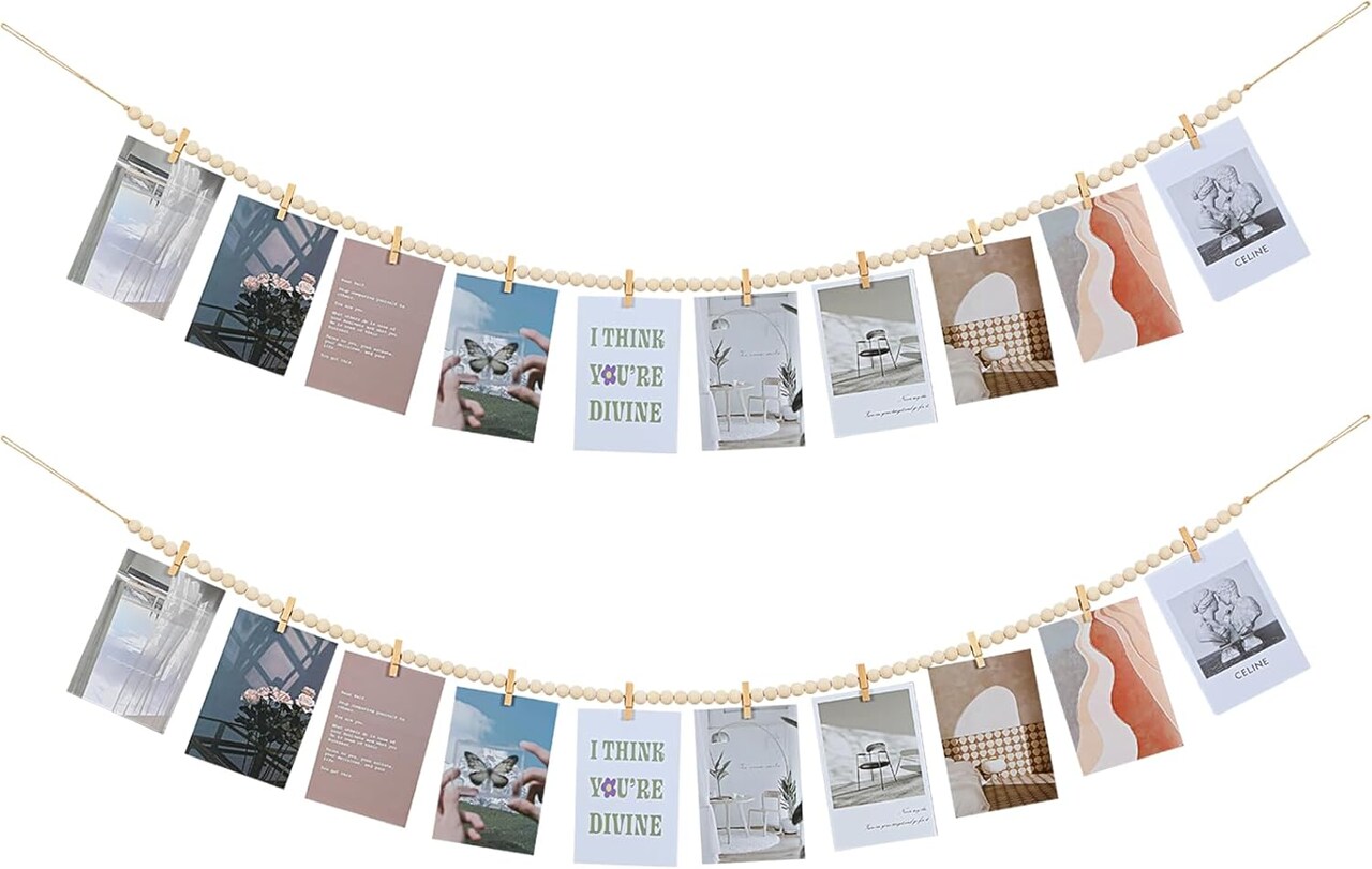 2-Pack Hanging Photo Display with Clips – Boho Wooden Bead Garland, Collage Picture Frame Wall Decor with 10 Clips for Bedroom, Dorm, Cubicle, or Teen Gifts